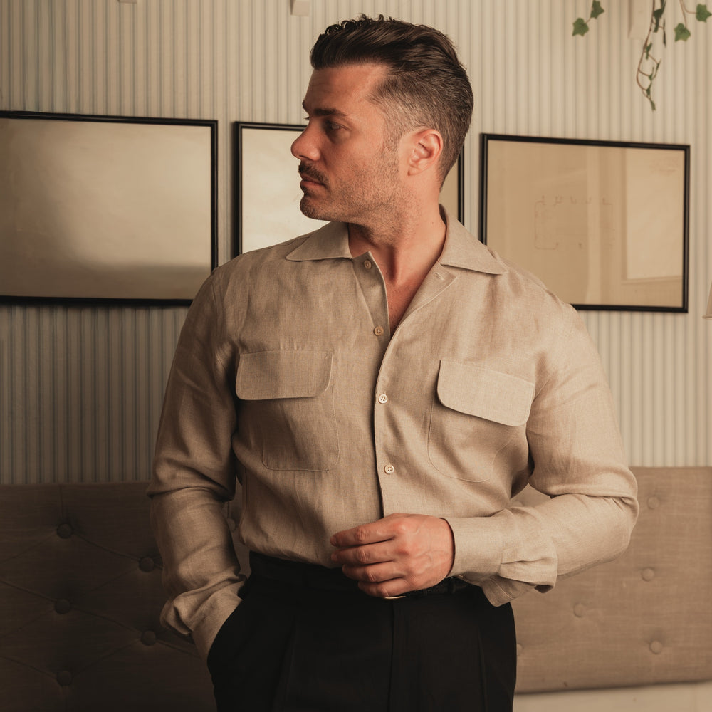 
                  
                    ARUSHA sand raw linen safari shirt
                  
                